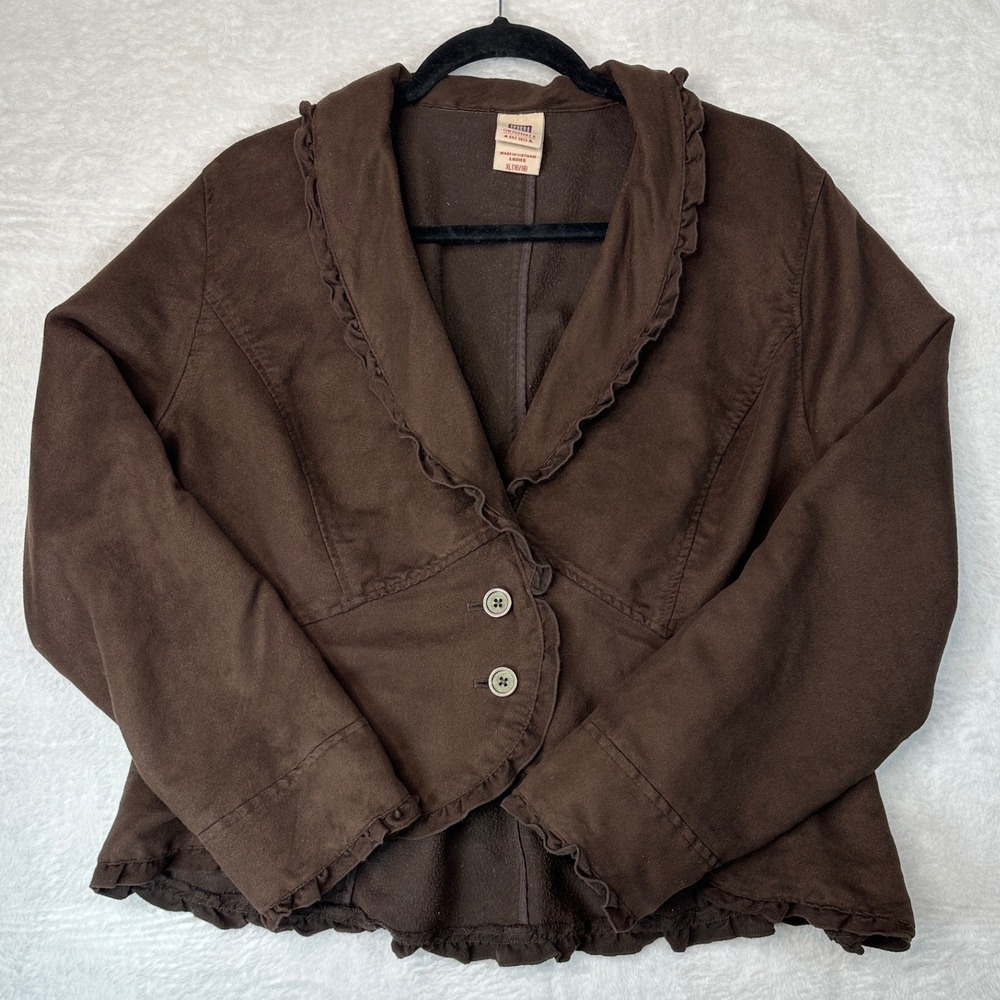 Faded Glory Ruffle Trim Jacket Ladies XL Brown Faux Suede Button Front